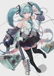  :d absurdres amplifier audio_jack bare_shoulders belt black_skirt black_sleeves black_thighhighs blue_eyes blue_hair boots collared_shirt commentary detached_sleeves electric_guitar female floating_hair guitar hair_between_eyes hair_ornament hatsune_miku hatsune_miku_(nt) headphones highres holding holding_headphones instrument long_hair long_sleeves looking_at_viewer loose_belt miniskirt nik_ibi open_mouth piapro pleated_skirt shadow shirt sidelocks simple_background skirt sleeveless sleeveless_shirt smile solo speaker teeth thigh_boots thighhighs twintails upper_teeth_only vocaloid white_background white_shirt 