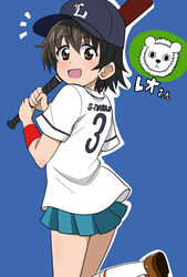  alternate_costume baseball_bat baseball_cap baseball_jersey blue_background blue_hat blue_skirt brown_eyes brown_footwear brown_hair character_name clothes_writing commentary_request female girls_und_panzer hat highres holding holding_baseball_bat jersey leg_up leopon_(animal) light_blush miniskirt nakajima_(girls_und_panzer) notice_lines open_mouth pleated_skirt shirt shoes short_hair short_sleeves single_horizontal_stripe skirt smile socks solo standing standing_on_one_leg translated wakku_kan white_shirt white_socks wristband 