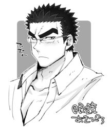  1boy akihiro_altland alternate_costume bara cropped_shoulders dark-skinned_male dark_skin ezaki_papiko glasses greyscale gundam gundam_tekketsu_no_orphans highres large_pectorals male_focus monochrome muscular muscular_male open_clothes partially_unbuttoned pectoral_cleavage pectorals short_hair solo thick_eyebrows upper_body 