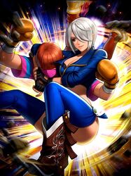  2girls angel_(kof) artist_request black_bra black_gloves blue_eyes blue_jacket boots boxing_gloves bra breasts brown_footwear chaps cleavage closed_mouth commentary_request cowboy_boots crop_top cropped_jacket fingerless_gloves gloves hair_over_eyes hair_over_one_eye jacket large_breasts leather leather_jacket looking_at_another multiple_girls official_art one_eye_covered shermie_(kof) short_hair short_sleeves slam smile strapless strapless_bra the_king_of_fighters the_king_of_fighters_all-stars the_king_of_fighters_xv toned underwear white_hair wrestling 