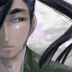  1boy appare-ranman! bad_id bad_pixiv_id brown_eyes hair_between_eyes isshiki_kosame long_hair male_focus outdoors ponytail rain solo tukipuri_(takase) upper_body wet wet_hair 