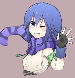  bealphareth blue_eyes blue_hair breasts doria_(p_f_dolia) female fingerless_gloves gloves grin hair_between_eyes jessica_(bealphareth) jewelry looking_at_viewer necklace one_eye_closed scarf short_hair simple_background smile solo 