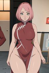  1girls ai_generated alternate_body_type alternate_breast_size alternate_costume bare_arms bare_legs boruto:_naruto_next_generations breasts curvy dress dress_slit female female_only forehead_mark gardener_ai green_eyes haruno_sakura hourglass_figure large_breasts naruto no_panties no_pants pelvic_curtain pink_hair red_dress sakura_haruno short_hair sleeveless slit slit_dress solo stable_diffusion thick_thighs wide_hips 