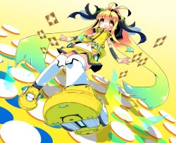  alternate_eye_color beatmania_iidx blush boxies commentary_request female from_below gradient_hair kneehighs long_hair midriff multicolored_hair navel personification pop&#039;n_music r_85 skirt sleeveless smile socks solo twintails very_long_hair yellow_eyes 