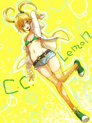  bad_id bad_pixiv_id belt bikini bikini_top_only blonde_hair blush breasts c.c._lemon c.c._lemon_(character) cutoffs denim denim_shorts female green_eyes grey_shorts navel open_mouth shoes short_hair short_shorts shorts small_breasts smile solo swimsuit thighhighs tsukasa_(mooncry) twintails underboob yellow_background 