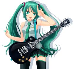  commentary_request electric_guitar female gibson_brands_inc green_eyes green_hair guitar hatsune_miku highres instrument long_hair looking_at_viewer necktie open_mouth plectrum simple_background skirt solo terun thighhighs twintails v very_long_hair vocaloid white_background 