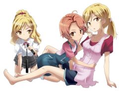  3girls :&lt; aged_down ahoge aizawa_natsumi all_fours barefoot blonde_hair commentary_request dual_persona hair_ornament ishizu_kayu kneeling mizukoshi_saki multiple_girls natsuiro_kiseki nunchaku orange_eyes orange_hair overalls ponytail ribbon short_hair simple_background sitting skirt time_paradox weapon white_background yellow_eyes 