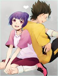  1boy back-to-back bad_id bad_pixiv_id brown_hair closed_eyes female furuya_kota ginga_e_kickoff!! heart long_hair purple_eyes purple_hair saionji_reika_(ginga_e_kickoff!!) short_hair shorts smile sportswear wakaya_hana 