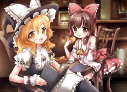  2girls apron ascot blonde_hair blush book bow braid brown_eyes brown_hair chair choco_(moyasi) clock commentary_request cracker cup curiosities_of_lotus_asia detached_sleeves food frills hair_tubes hairbow hakurei_reimu hand_fan hat hat_bow japanese_clothes kirisame_marisa long_hair multiple_girls open_mouth oven short_sleeves side_braid single_braid table teacup touhou white_bow wide_sleeves witch witch_hat wrist_cuffs yellow_eyes 