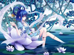  blue_eyes blue_hair breasts cleavage commentary_request female flower hagoromo hair_ornament hair_rings hair_stick highres kaku_seiga lily_pad lotus lotus_leaf medium_breasts on_flower oversized_flower photoshop_(medium) shawl shinebell short_hair sitting soaking_feet solo touhou water water_lily_flower white_flower 