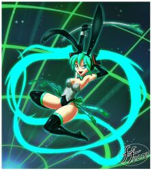  14-bis adapted_costume animal_ears aqua_eyes aqua_hair armpits bare_shoulders black_gloves black_thighhighs bow bowtie breasts bustier cleavage commentary elbow_gloves english_commentary fake_animal_ears female gloves hair_ornament hatsune_miku headphones long_hair medium_breasts open_mouth photoshop_(medium) playboy_bunny rabbit_ears ribbon solo spring_onion thick_thighs thighhighs thighs twintails very_long_hair vocaloid 