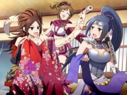  3girls :3 ^_^ armor bare_shoulders black_hair breasts brown_eyes brown_hair cleavage closed_eyes cloth commentary_request gauntlets hachimaki hair_ribbon headband high_ponytail inahime_(sengoku_musou) japanese_clothes kaihime_(sengoku_musou) kajiwara_io kimono kunoichi_(sengoku_musou) medium_breasts multiple_girls obi open_mouth ponytail ribbon sash scarf sengoku_musou sengoku_musou_3 short_shorts shorts smile yellow_eyes 