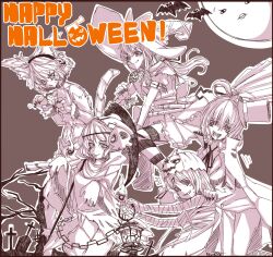  5girls animal_ears bad_id bad_pixiv_id candy cat_ears cat_tail food halloween happy_halloween hat highres kaku_seiga kumonji_aruto long_hair looking_at_viewer miyako_yoshika monochrome mononobe_no_futo multiple_girls photoshop_(medium) short_hair smile soga_no_tojiko striped tail touhou toyosatomimi_no_miko witch_hat 