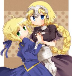  2girls :o ahoge artoria_pendragon_(fate) ayu_(iyokanya) bad_id bad_pixiv_id blonde_hair blue_eyes blush braid dress fate/apocrypha fate/stay_night fate_(series) green_eyes headpiece holding_hands interlocked_fingers jeanne_d&#039;arc_(fate) jeanne_d&#039;arc_(ruler)_(fate) long_hair multiple_girls ribbon saber_(fate) single_braid smile 