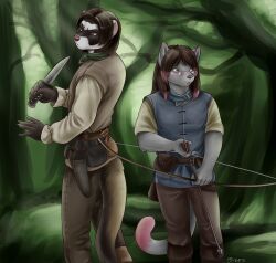  2012 5_fingers anthro archer arrow_(weapon) belt belt_pouch black_hair boots bottomwear bow_(weapon) brown_hair claws clothed clothing conditional_dnp day detailed_background digital_media_(artwork) dipstick_tail domestic_cat domestic_ferret duo european_polecat eyewear facial_markings felid feline felis fingers footwear forest fully_clothed fur glasses grey_body grey_fur hair head_markings holding_object holding_weapon holster humanoid_hands hunting jarreth_(moodyferret) knife looking_aside male mammal markings mask_(marking) meru_sekeru moodyferret multicolored_hair multicolored_tail mustelid musteline nature outside pants pink_body pink_fur pink_hair plant ranged_weapon shaded shirt short_hair standing tail tail_markings topwear tree true_musteline tunic weapon weasel white_body white_fur wood 