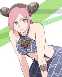  bare_shoulders blue_lips brown_hair commentary_request cone_hair_bun double_bun female green_eyes hair_bun halterneck hanaichi_(hana13) jojo_no_kimyou_na_bouken kujo_jolyne lipstick makeup pink_hair smile solo spider_web_print stone_ocean tattoo 