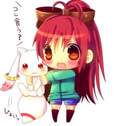  :3 blush bow chibi chocolat_(momoiro_piano) commentary_request female hairbow holding kyuubee long_hair long_sleeves mahou_shoujo_madoka_magica mahou_shoujo_madoka_magica_(anime) open_mouth ponytail red_eyes red_hair sakura_kyoko shirt shorts smile standing translated 