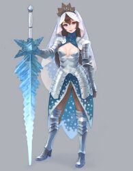  armor blue_eyes breasts brown_hair brown_pantyhose cleavage cleavage_cutout clothing_cutout commentary_request female gauntlets greaves lipstick makeup medium_breasts original pantyhose rouge_(makeup) simple_background snow_white solo sword veil weapon weno 