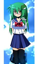  alternate_costume bag bespectacled black_thighhighs blush breasts commentary_request female frog_hair_ornament glasses green_hair hair_ornament hair_tubes honehone kochiya_sanae long_hair medium_breasts school_uniform serafuku skirt smile snake solo thighhighs touhou yellow_eyes zettai_ryouiki 