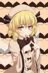  blonde_hair bow brown_background chestnut chestnut_mouth commentary_request dress drill_hair fairy_wings female fingers_together hairbow hat highres index_fingers_together long_sleeves looking_at_viewer luna_child omaehadareda-uso red_eyes short_hair solo sweatdrop tongue touhou upper_body white_dress wide_sleeves wings 