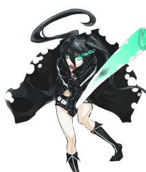  aqua_eyes black_hair black_rock_shooter black_rock_shooter_(character) black_shorts boots coat commentary_request female green_eyes laio long_hair open_mouth photoshop_(medium) shorts solo spring_onion sword twintails weapon 