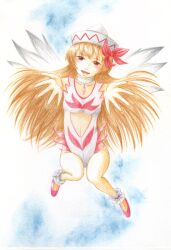  alternate_costume angel_leotard ankle_cuffs bad_id bad_pixiv_id brown_eyes brown_hair choker clothing_cutout colored_pencil_(medium) female foreshortening hakkyou_seinen_dogura_magura hat leotard lily_white navel navel_cutout pink_leotard reaching sky solo touhou traditional_media white_leotard wings 