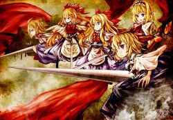  akasia alice_margatroid apron blonde_hair bow capelet commentary_request doll female hairband hairbow lance long_hair open_mouth polearm purple_hair red_eyes ribbon shanghai_doll short_hair smile solo sword touhou waist_apron weapon 