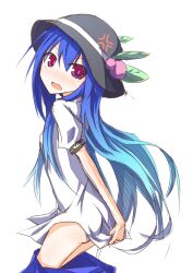  blue_hair blush commentary_request female food fruit hat hinanawi_tenshi ichiyan leaf long_hair panties peach purple_eyes solo touhou underwear 