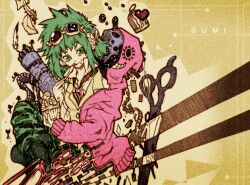  birdcage bokura_no_16bit_warz_(vocaloid) cage camouflage camouflage_pants campanella_(vocaloid) commentary_request cupcake dessert eating envelope feathers female food gao_(2334787) gatling_gun glasses goggles green_eyes green_hair gumi gun heart matryoshka_(vocaloid) mosaic_roll_(vocaloid) pants photoshop_(medium) railroad_tracks scissors solo songover surreal vocaloid weapon yowamushi_mont-blanc_(vocaloid) 