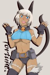  animal_ears bare_shoulders belt blue_eyes blush breasts cat_ears cat_tail character_name dark_skin english female fingerless_gloves gloves grey_background markings midriff ms._fortune_(skullgirls) nadia_fortune navel open_mouth scar simple_background skullgirls sleeveless smile solo standing syuo tail underboob white_hair 