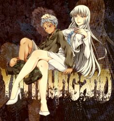  1boy bad_id bad_pixiv_id blue_eyes copyright_name crossed_legs dark_skin female highres johnathan_mar jormungand_(manga) koko_hekmatyar long_hair photoshop_(medium) short_hair silver_hair sitting white_hair yoshikiri 