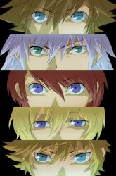  2girls 3boys bad_id bad_pixiv_id blonde_hair blue_eyes brown_hair column_lineup dark_red_hair green_eyes grey_hair kairi_(kingdom_hearts) katou_(one03) kingdom_hearts multiple_boys multiple_girls namine parody persona persona_eyes red_hair riku_(kingdom_hearts) roxas sora_(kingdom_hearts) 