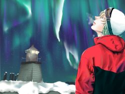  1boy aurora bad_id bad_pixiv_id barnaby_brooks_jr. blonde_hair breath goggles goggles_on_head green_eyes hat jacket lighthouse makuragaeshi male_focus no_eyewear red_jacket snow solo tiger_&amp;_bunny winter_clothes 