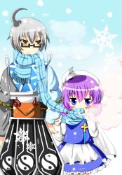  1boy acchi_kocchi ahoge apron bad_id bad_pixiv_id belt blue_eyes blush_stickers cape female frills glasses grey_hair hat highres kyuuri_ryou letty_whiterock lolicon long_sleeves morichika_rinnosuke parody pouch purple_hair scarf short_hair smile snow style_parody touhou yellow_eyes yin_yang 