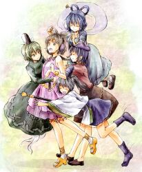  5girls black_hair blue_hair bracelet brown_hair closed_eyes commentary_request dress green_dress green_hair grey_hair hair_ornament hair_rings hair_stick hat hat_ornament highres hug japanese_clothes jewelry kaku_seiga kariginu long_hair miyako_yoshika mononobe_no_futo multiple_girls ofuda open_mouth ponytail scabbard sheath sheathed shimada_(simada_bu) short_hair skirt sleeveless smile soga_no_tojiko star_(symbol) star_hat_ornament sword tate_eboshi ten_desires touhou toyosatomimi_no_miko weapon 