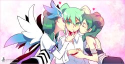  1boy 2girls adapted_costume bad_id bad_pixiv_id bare_shoulders beta_(inazuma_eleven) c_(swill) dual_persona fei_rune green_eyes green_hair heart inazuma_eleven_(series) inazuma_eleven_go inazuma_eleven_go_chrono_stone keshin_armed kissing kokuu_no_megami_athena_(armed) long_hair multiple_girls photoshop_(medium) protocol_omega smile twintails wings 