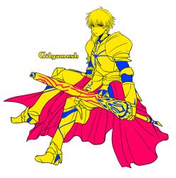  1boy armor bad_id bad_pixiv_id blonde_hair character_name ea_(fate/stay_night) earrings fate/zero fate_(series) flat_color gilgamesh_(fate) hair_down jewelry male_focus photoshop_(medium) red_eyes short_hair sitting solo uka_(color_noise) weapon yellow_theme 