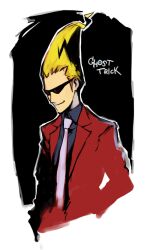  1boy blonde_hair copyright_name formal ghost_trick imigimuru male_focus necktie photoshop_(medium) sissel_(ghost_trick) smile solo suit sunglasses 