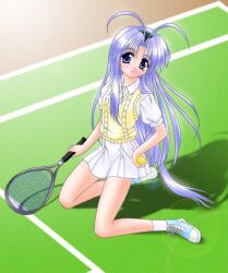  antenna_hair ball blue_eyes blue_hair female long_hair mamotte_shugogetten! mutsuki_mikatsu racket shugogetten_shaolin skirt solo tennis_ball tennis_court tennis_racket 