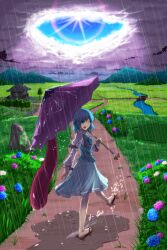  :p bad_id bad_pixiv_id blue_eyes blue_flower blue_hair blue_skirt blue_vest brown_footwear building cloud cloudy_sky day dirt_road dress female flower frilled_shirt frilled_sleeves frills full_body geta highres holding holding_umbrella horizon hydrangea karakasa_obake landscape light_rays long_skirt looking_at_viewer looking_to_the_side mountain one_eye_closed outdoors outstretched_leg overcast puddle purple_flower purple_umbrella rain ripples river road rock scenery shirt short_hair skirt sky sleeve_garter smile solo standing standing_on_one_leg sun sunbeam sunlight tatara_kogasa tongue tongue_out touhou tree umbrella vest white_flower white_shirt yonaga_(masa07240) 