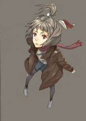  coat commentary female from_above grey_hair hat highres jacket laio original pantyhose photoshop_(medium) ponytail red_eyes santa_hat scarf skirt solo 