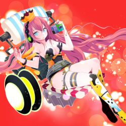  aqua_eyes bare_shoulders belt belt_skirt bracelet breasts bubble camera cleavage commentary_request crown female headphones jewelry long_hair looking_at_viewer medium_breasts megurine_luka pink_hair sitting smile solo sparkle thigh_strap torako_(anofelus) very_long_hair vocaloid 