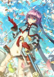  ahoge arm_belt blue_eyes commentary_request female gloves headband holding holding_sword holding_weapon judgement_(latale) latale petals photoshop_(medium) purple_hair red_gloves scorpion5050 solo sword weapon wind 