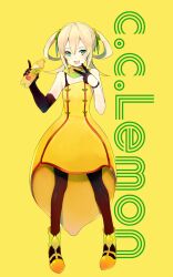  ai5108 blonde_hair boots bottle c.c._lemon c.c._lemon_(character) character_name dress elbow_glove english female food food_themed_clothes fruit gloves green_eyes hair_ribbon lemon long_hair open_mouth original pantyhose ribbon scarf short_twintails single_elbow_glove single_glove smile solo toshimasa_(serialism) twintails 