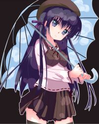  black_thighhighs commentary_request female hat long_hair purple_eyes purple_hair rainblossom shihou_matsuri sola solo thighhighs umbrella zettai_ryouiki 