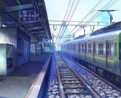  commentary_request jongmin no_humans original outdoors overhead_line pantograph photoshop_(medium) railroad_signal railroad_tracks scenery tactile_paving train train_station vending_machine 