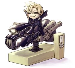  1boy :3 =_= arms_up blonde_hair blush_stickers chibi cloud_strife commentary english_commentary english_text fenrir_(vehicle) final_fantasy final_fantasy_vii final_fantasy_vii_advent_children kiddie_ride male_focus shiroineko-sama smile solo spiked_hair watermark web_address 