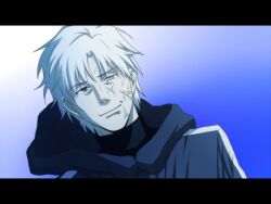  1boy bad_id bad_pixiv_id blue_theme fate/zero fate_(series) heterochromia hood hoodie kito0889 letterboxed matou_kariya monochrome scar turtleneck white_hair 