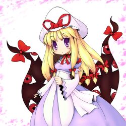  blonde_hair blush bow commentary_request curiosities_of_lotus_asia detached_sleeves female gap_(touhou) hairbow hat hat_bow hat_ribbon highres long_hair musashino_udon open_mouth purple_eyes ribbon solo touhou very_long_hair wide_sleeves yakumo_yukari 