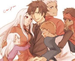  2girls 4boys angra_mainyu_(fate) archer_(fate) black_hair brother_and_sister commentary_request dark-skinned_male dark_skin emiya_kiritsugu emiya_shirou family fate/hollow_ataraxia fate/stay_night fate/zero fate_(series) father_and_daughter father_and_son illyasviel_von_einzbern irisviel_von_einzbern mother_and_daughter mother_and_son multiple_boys multiple_girls pomero red_hair siblings spoilers time_paradox white_hair 